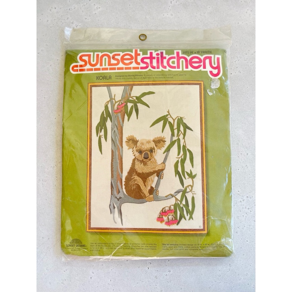 Vintage Sunset Stitchery 1976 Koala Eucalyptus Embroidery Crewel Kit 14”x18” NOS